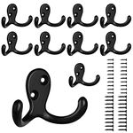 Coat Hooks, 10 Pack Heavy Duty Double Prong Wall Mounted Robe Hooks with Screws, Coat Hanger Hooks for Hanging Coat, Hat,Towel,Scarf, Bag, Key, Cap, Cup (Black)