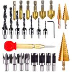 26pcs Woodworking Chamfer Drilling Tools Includes 6 Countersink Drill Bits, 7 Three Pointed Countersink Drill Bit with L-wrench, 8 Wood Plug cutter, 3 Step Drill Bit, and Automatic for Wood DIY