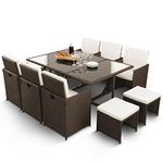 KEPLIN 11 Piece Rattan Garden Furniture Set with Glass Table, Chairs, Four Stools & Water Resistant Cushions Ideal for Patio, Lawn, Garden, Balcony, Conservatory & Dining in the Sun Stackable (Brown)