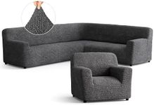 PAULATO Corner Sofa Cover and Chair - Sectional Couch Slipcover & Armchair - Soft Fabric Slip Cover - Washable Furniture Protector for Pet - Microfibra Collection - Dark Grey