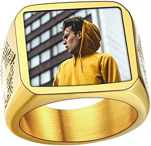 U7 Men Women Custom Photo & Text Engraved Amulet Ring Surgical Stainless Steel 18K Gold Plated Wedding Ring, with Customized Memory Picture Inside, Size 7