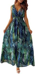 SEEKWISH Robes Longue Femme Ete de Plage Florales Col en V sans Manches, Vert, M