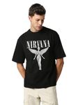 The Zoo Zoo Store Rock Band Oversized Loose Baggy Fit Drop Shoulder Half Sleeves Cotton Heavy Premium Fabric T-Shirt for Men | Nirvana | Black | Small