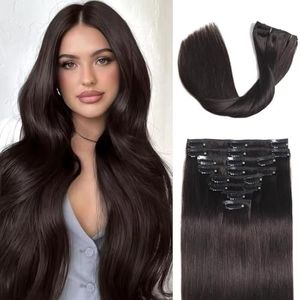 LORIEN Clip in Hair Extensions Real Human Hair, 18 inch 100g/3.6oz, Dark Brown, Balayage Invisible Remy Human hair Clip in Extensions for Women Seamless Straight 8Pcs Double Weft