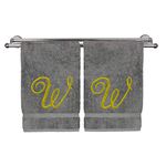 Monogrammed Hand Towel, Personalized Gift, 16 x 30 Inches - Set of 2 - Gold Embroidered Towel - Extra Absorbent 100% Turkish Cotton - Soft Terry Finish - for Bathroom, Kitchen and Spa - Script W Gray