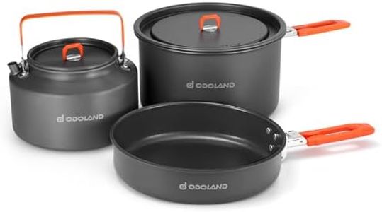 Odoland Camping Pot Set, Gavette Set avec Camping Pot 4L, Bouilloire 2L, Casserole 1,5L, Camping Pot et Casserole pour La Randonnée dans la Cuisine Extérieure