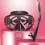 Dry Snorkel Set, Pano 3 Window Snorkel Mask, Anti-Fog Scuba Diving Goggles and Snorkel, Professional Adult Snorkeling Swim Mask Gear (Red Set)