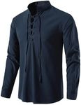 Medieval Costume Men Shirt Cotton Linen Loose Shirt Gothic Viking Renaissance Halloween Pirate Costume Solid Drawstring Casual Long Sleeve Shirt (Navy blue, X-Large)