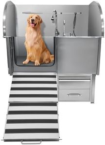 Professional Dog Grooming Tub, Stainless Steel Dog Wash Station with Foldable Ramp, Storage Drawer, Floor Grate & Faucet/Dog Bathtub for Large, Medium & Small Pets - Left Door (60")