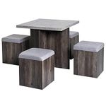 HOMCOM 5PC Dining Set Wooden Set 4 Storage Stools Ottoman w/Cushions + 1 Table Space Saving Design Indoor Kitchen Grey&Wood Grain