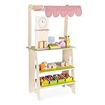 Navaris Wooden Play Shop Stall for Kids - Toy Supermarket for Children with Awning Counter Till and Wood Toy Groceries for Fun Shopping Games at Home