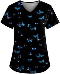 Plus Size Scrubs for Women Stretch V Neck Short Sleeve Nursing Shirt Cute Animal Print Scrub Tops Women Summer Holiday Butterfly Nurse Shirts Medical Uniform with Pockets 02a-Black M