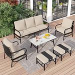 PHI VILLA Patio Conversation Sets 6 Piece, Deluxe Outdoor Patio Set for 5-7 Person with 3 Seater Padded Deep Seating Bench, 2 Padded Armrest Sofa Chairs, 2 Ottoman and & 1 Coffee Table