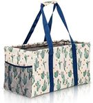 Lucazzi Extra Large Utility Tote Bag - Oversized Collapsible Reusable Wire Frame Rectangular Canvas Basket With Two Exterior Pockets For Beach, Pool, Laundry, Car Trunk, Storage - Cactus White