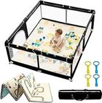 dearlomum Baby Playpen with Mat 70" X 60", Extra Large Play Yard for Babies and Toddlers, Safety Baby Fence, Indoor & Outdoor Kids Activity Play Center with Anti-Slip Suckers and Zipper Gate(Black)