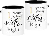 WOSIWULA 1 Year Anniversary Coffee Mugs Set of 2, 1 Years of Being Mr Right/Mrs Always Right, First 1st Wedding Anniversary Decorations Gifts Presents Cups for Couple Parents Grandparents, 11oz