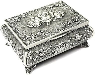 H&S Antique Metal Jewelry Box for Storage - Floral Vintage Jewelry Box for Necklaces & Rings - Silver Trinket Box with Authentic Treasure Chest Design for Women