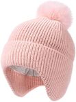 Camptrace Toddler Baby Winter Hat Warm Fleece Lined Knit Kids Hat with Earflap Infant Newborn Pom Pom Beanie Knit Cap Girls Boys Pink