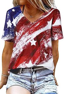 American Flag T Shirt Women USA Star Stripes Fourth July Tee Shirts Casual America Flag Print V Neck Tee Tops, Stripe & Star, Large