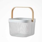 Eden & Willow Mesh Wire Metal Storage Basket with Wooden Handle - Versatile Organiser for Kitchen, Bathroom, Office - Stackable & Durable (White, Small)