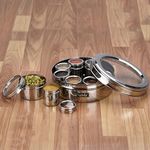NATULIX Stainless Steel Stylish 9 IN 1 Masala Box for Kitchen | Spice Box for Kitchen | Masala Dani| Masala Dabba with individual See through lid 4 Spoons | Silver (2.5 Ltr | X-Large | 22.5cm)