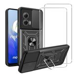 GEJEFA Case for Motorola Moto E14/Moto G04/Moto G24/Moto G24 Power + Screen Protector, Ring Kickstand Military Grade TPU&PC Hybrid Protective Rugged Case with Sliding Camera Cover, Black