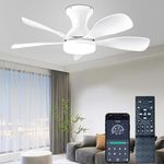 FUMLTP 33In Low Profile Ceiling Fans with Lights and Remote/APP Control,White Modern Flush Mount Ceiling Fan with 5 Reversible Blades 3 Colors Dimmable for Outdoor Patio,Small Room,Bedroom