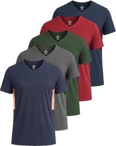 Real Essentials Athletic V Neck Tshirt Shirts T-Shirts Men Quick Dry Fit Tops Dri Fit Short Sleeve Active Wear Training Exercise Fitness Workout Shirt Tee Tees Gym Sports Top, Set 4, XL, Pack of 5