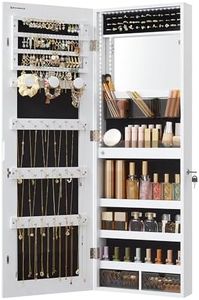 SONGMICS Jewelry Cabinet Armoire Organizer with LED Lights, Wall-Mounted Storage Cabinet with Full-Length Frameless Mirror, Built-in Makeup Mirror, 2 Drawers, Lockable, White UJJC013W01