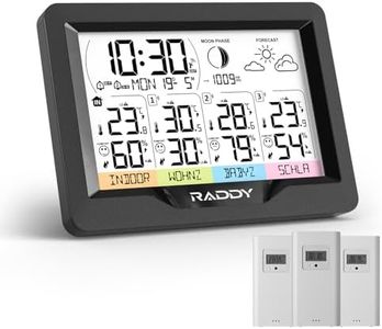 Raddy WF-60M Weather Station with 3 Remote Sensors, Thermometer Indoor Outdoor with Humidity Barometer Monitor, Customized Sensor Names, Weather Forecast, DCF Atomic Clock for Home Use