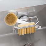 TAILI Sponge Holder with Strong Suction Cup, Dish Sponge Caddy Inside Sink Removable, Rustproof Aluminum for Sponges, Brushes, Stoppers and Scrapers - Silver