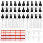 Bekith 30 Pack 2 oz Clear PET Spray Bottles with Black Fine Mist Sprayer for Essential Oils, Travel, Perfumes, Reusable Empty Liquid Containers with 6pcs Funnels and 48pcs Labels