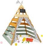 COSTWAY Kids Teepee Tent, Wooden Play Tent with Washable Flags & Door Curtains, Detachable Chalkboard, Indoor Outdoor Playhouse Tents for Boys Girls