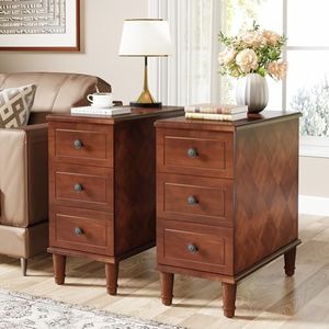 Tribesigns Solid Wood End Table Set of 2, Fully Assembled Narrow Side Table with Drawers, Pre-Assembled Nightstand Slim Bedside Table for Small Spaces, Living Room, Bedroom, Walnut
