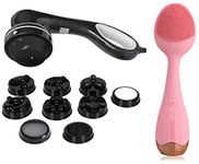 AGARO Relaxo Electric Handheld Full Body Massager with 8 Massage Heads, 5 Mode & 6 Speed Settings (Black) & AGARO CM2109 Sonic Anti-Aging Facial Cleansing Massager with Silicone Brush - Massager Combo