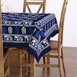 BLOCKS OF INDIA Hand Block/Batik Printed Cotton Rectangular Table Cloth for 6 Seater Dining Table ( 145 cm X 225 cm, Blue Elephant, Pack of 1)