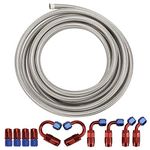 20FT Universal AN-6 3/8" Oil Fuel Line Hose, Stainless Steel Braided Fuel Hose with 10Pcs Swivel Fitting Hose Ends Adapter Kit, Red and Blue