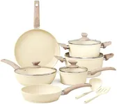 Kitchen Academy Induction Pots and Pans Set Non Stick - 12Pcs Beige Nonstick Kitchen Cookware Set, Granite Cooking Pans Set