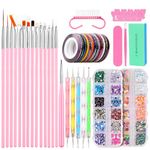 Nail Art Brush, Nail Art Decorations Tools Kit with 15 Pcs Acrylic Nail Drawing Painting Brushes Set Dotting Pen Striping Tapes, Rhinestones Crystals