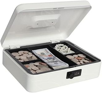 Lovndi Large Cash Box with Combination Lock, Metal Money Box for Cash, Lock Box with Money Tray, 11.8 x 9.5 x 3.54 Inches, White