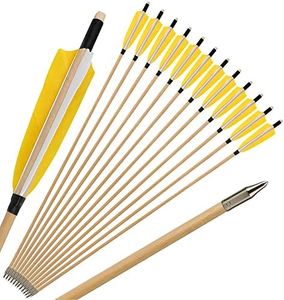ZSHJGJR 31" Archery Traditional Wooden Arrows Hunting Arrows Target Practice Arrows Wood Arrow Shaft with 5" Turkey Feather for Longbow Recurve Traditional Bow 6/12pcs (Yellow, 12)