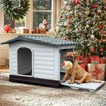 YITAHOME 36'' Large Double Door Dog House with Porch & Cushion, Outdoor Plastic Doghouse with Elevated Base, Easy to Install, Water-Resistant Pet House for Small Medium Dogs (36''L*27.1''W*26''H)