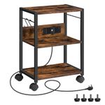 MAHANCRIS Industrial Printer Cart, 3-Tier Mobile Printer Stand, Rolling Cart with Power Outlets and USB Ports, Home Printer Stand with 2 Hooks, for Office, Living Room, Rustic Brown APTHR40KE01