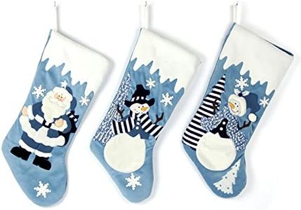 Etistta Classic 19 inch Blue Christmas Stockings Set of 3, Blue White Christmas Decor Velvet Applique Snow Stockings for Christmas Fireplace Decorations - Santa, Snowman