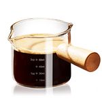 ParaCity Espresso Cups with Wood Handle, Double Spout Glass Measuring Cup with Dual Scale, Espresso Shot Glass with V-Shaped Mouth, Clear Glass Espresso Accessory, Milk Frothing Pitcher 100ml