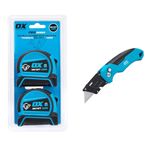 OX Pro Dual Auto Lock Tape Twinpack - 5m / 16ft & P224301 Pro Heavy Duty Fixed Blade Folding Knife, Blue/Black