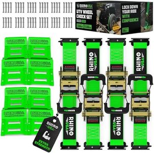Rhino USA Wheel Chock Tie Down Kit (1,986lb Break Strength) Ultimate Heavy Duty Trailer Tire Straps System for ATV, UTV, Lawn Mower & More - Ratchet Tie Downs Accessories with E Track for Four Wheeler