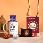 Frostick Bhai dooj Chocolate Mug Combo | Gift Combo for Brother | Brother Mug, Greeting card, Kalawa Dhaga, Roli,Chawal, Silver Coin And 2 pc dairy-milk chocolate