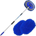 GreatCool 160cm 62" Car Wash Brush Kit with Long Handle, 2 in 1 Blue Chenille Microfiber Car Wash Mop Cleaning Mitt for Truck SUV Cars RV Caravans and Household Clean, Scratch Free(2 x Mop Head)