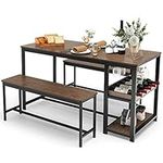 COSTWAY 3-Piece Dining Table Set for 4, Rustic Pub Dining Table with 2 Benches, 2 Storage Shelves and Glass Holder, Breakfast Kitchen Table and Chairs Set for Small Space Kitchen Restaurant Bar